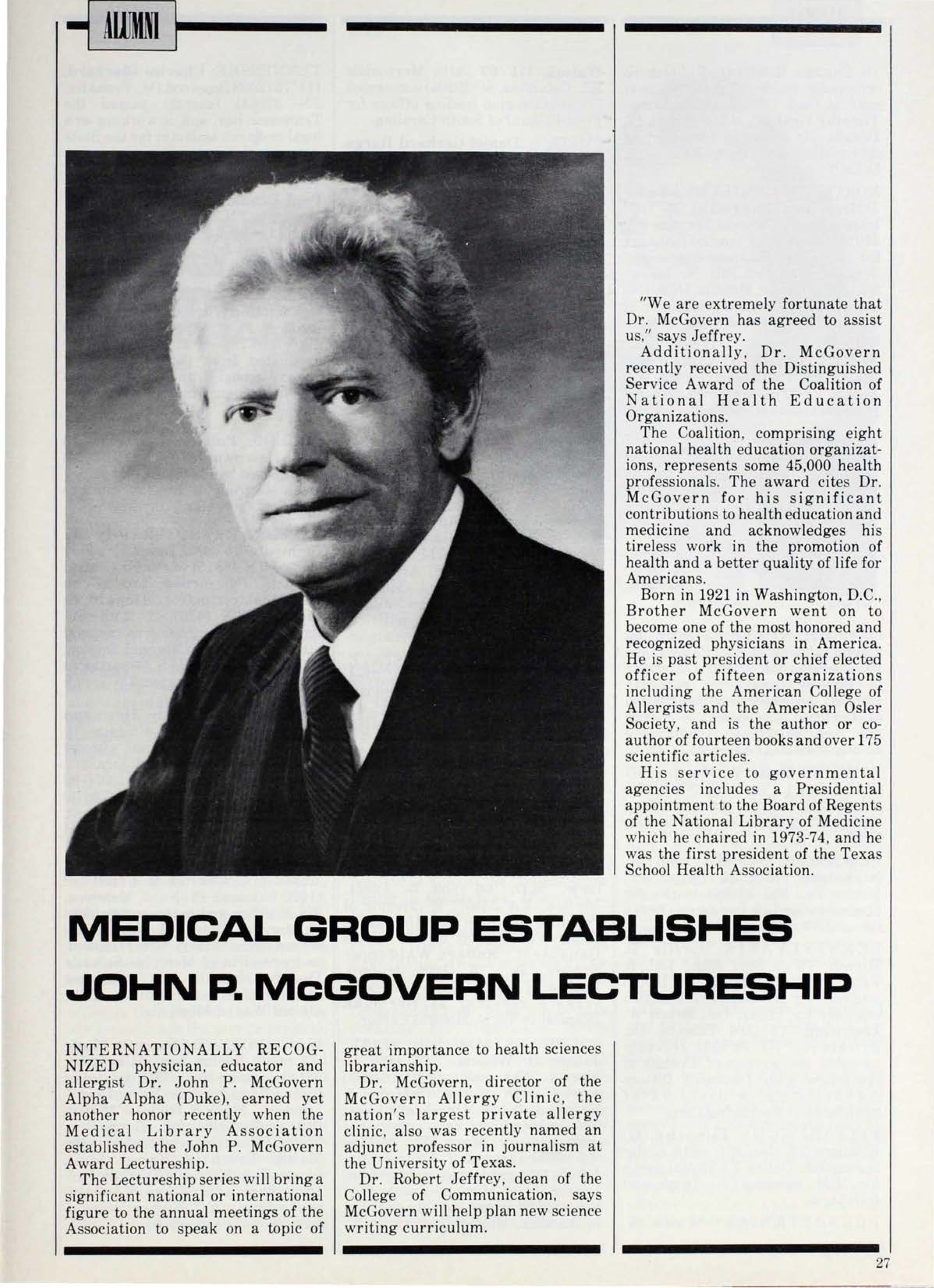 Alumni: Medical Group Establishes John P. McGovern Lectureship
